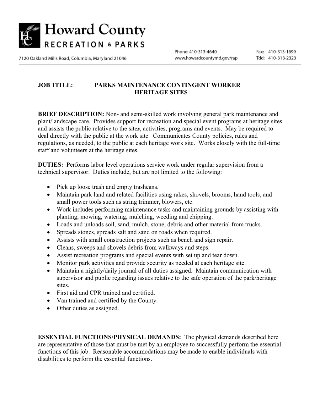 Job Title: Parks Maintenance Contingent Worker