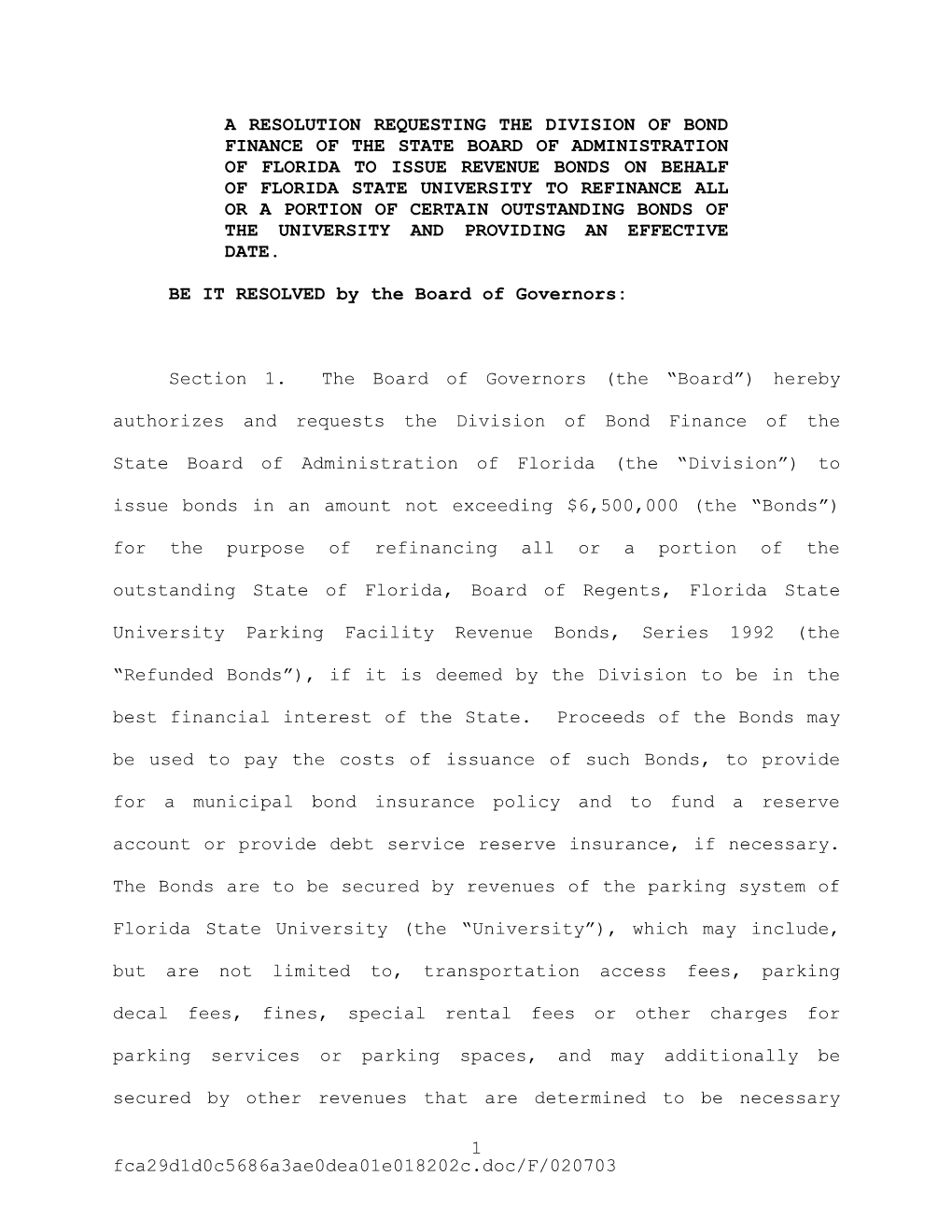 A Resolution Requesting the Division of Bond Finance of the State Board of Administration