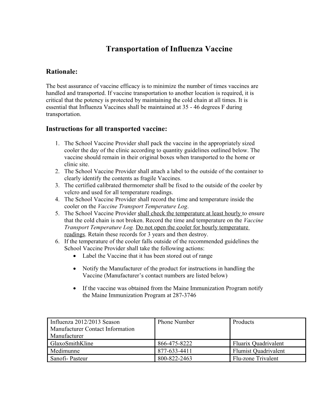 Transportation of Small Quantities of Influenza Vaccine