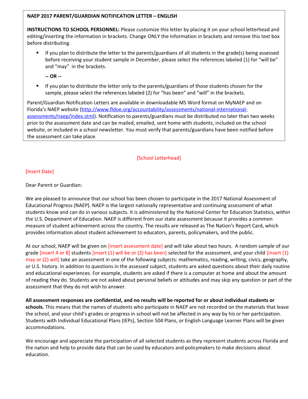 Parent Notification Letter - Mathematics and Reading Assessments (*, 8/18/2016)