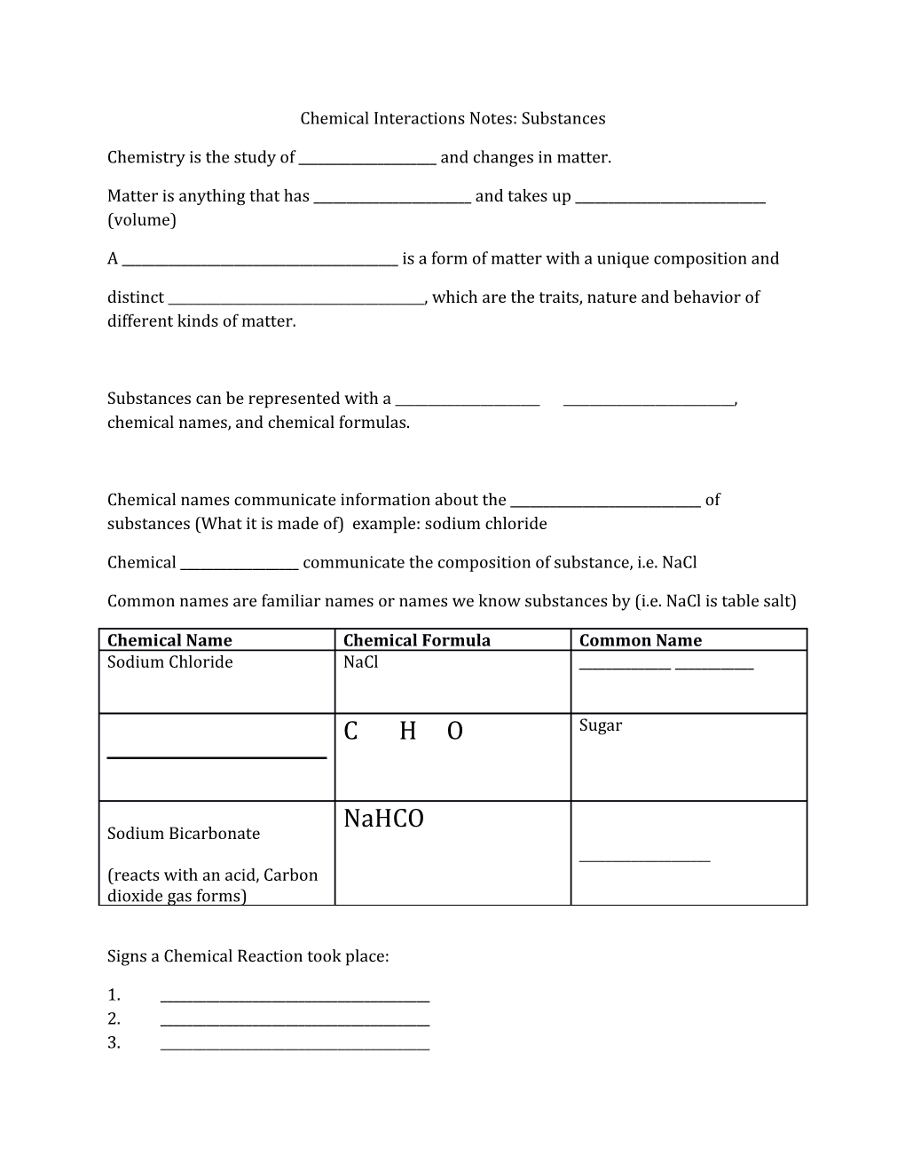 Chemical Interactions Notes: Substances