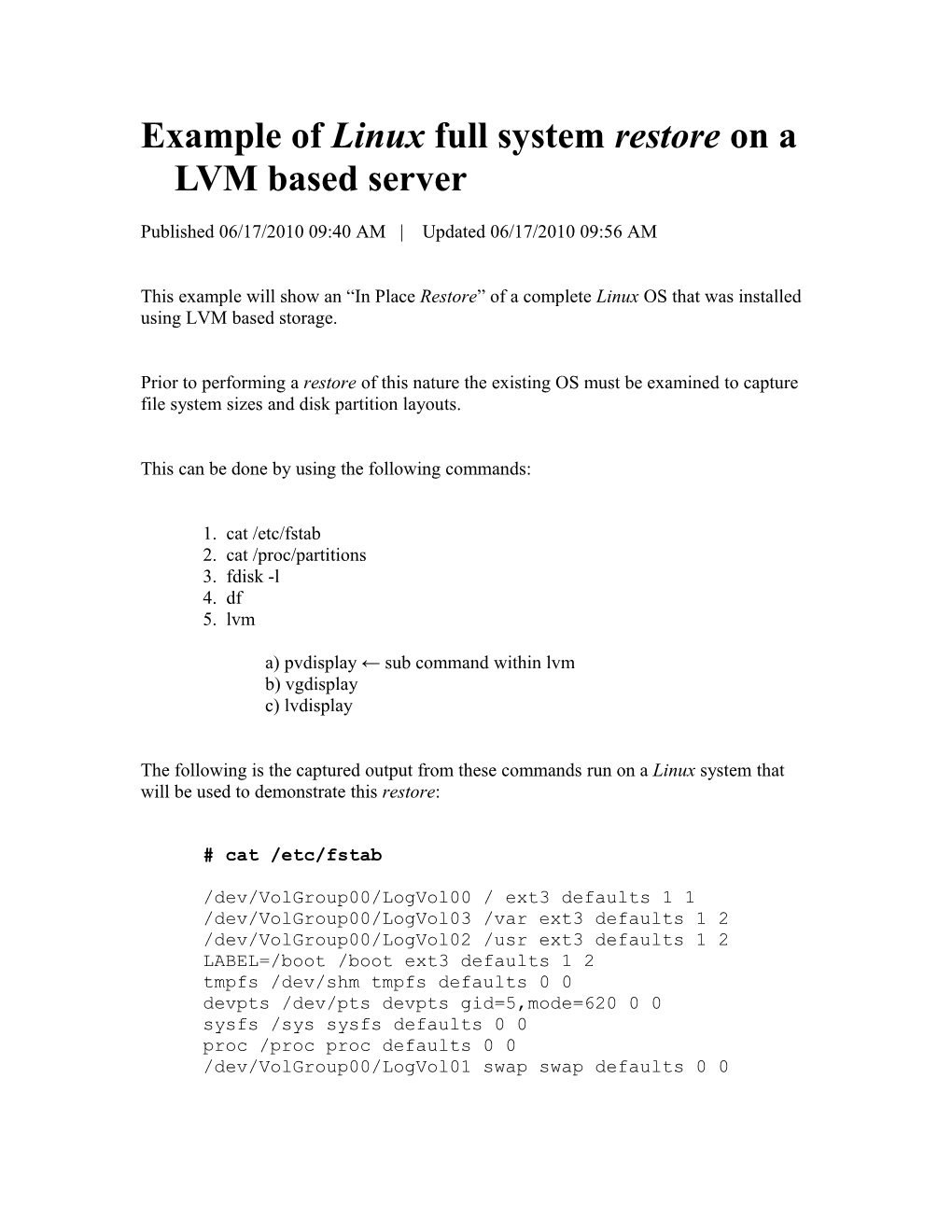 Example of Linux Full System Restore on a LVM Based Server