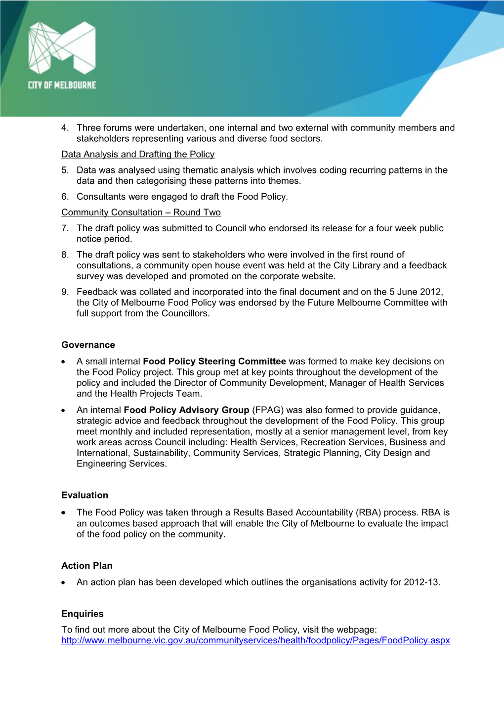 Fact Sheet: City Of Melbourne Food Policy