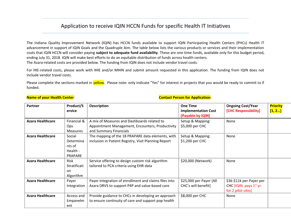 Application to Receive IQIN HCCN Funds for Specific Health IT Initiatives