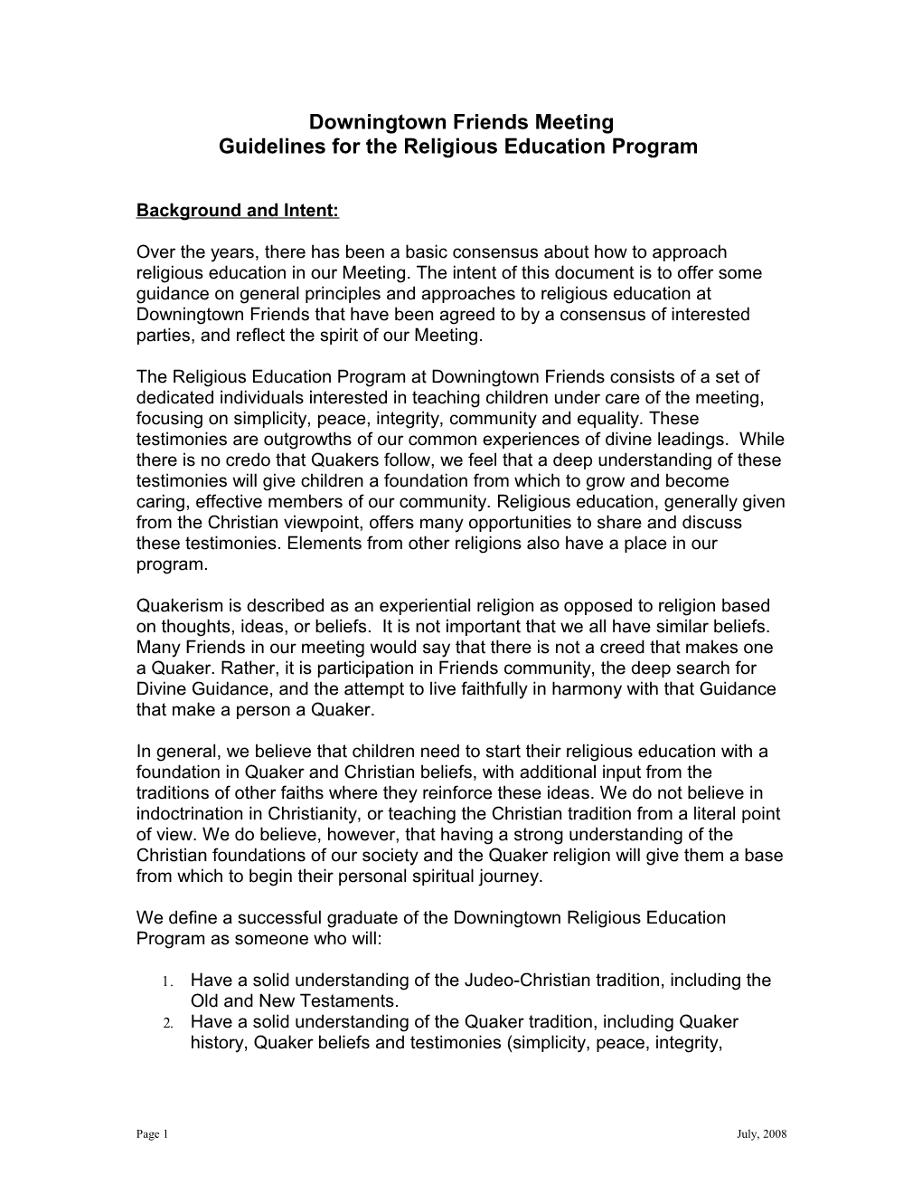 Guidelines for Religious Education Program, Downingtown Friends