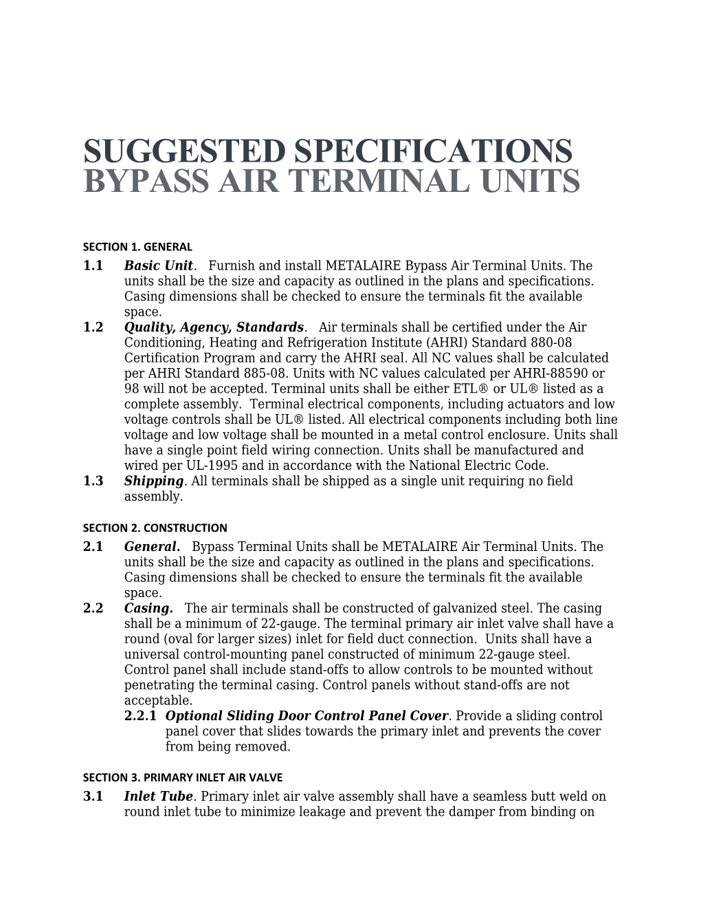 Suggested Specifications Bypass Air Terminal Units