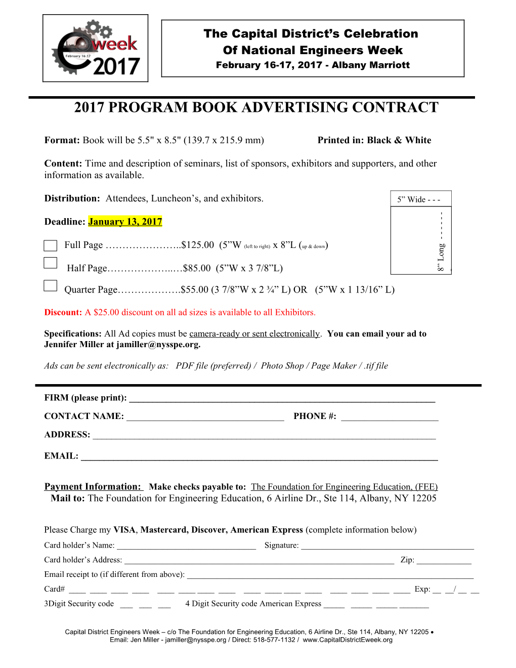 2017 PROGRAM BOOK ADVERTISING CONTRACT Format: Book Will Be 5.5 X 8.5 (139.7 X 215.9 Mm)