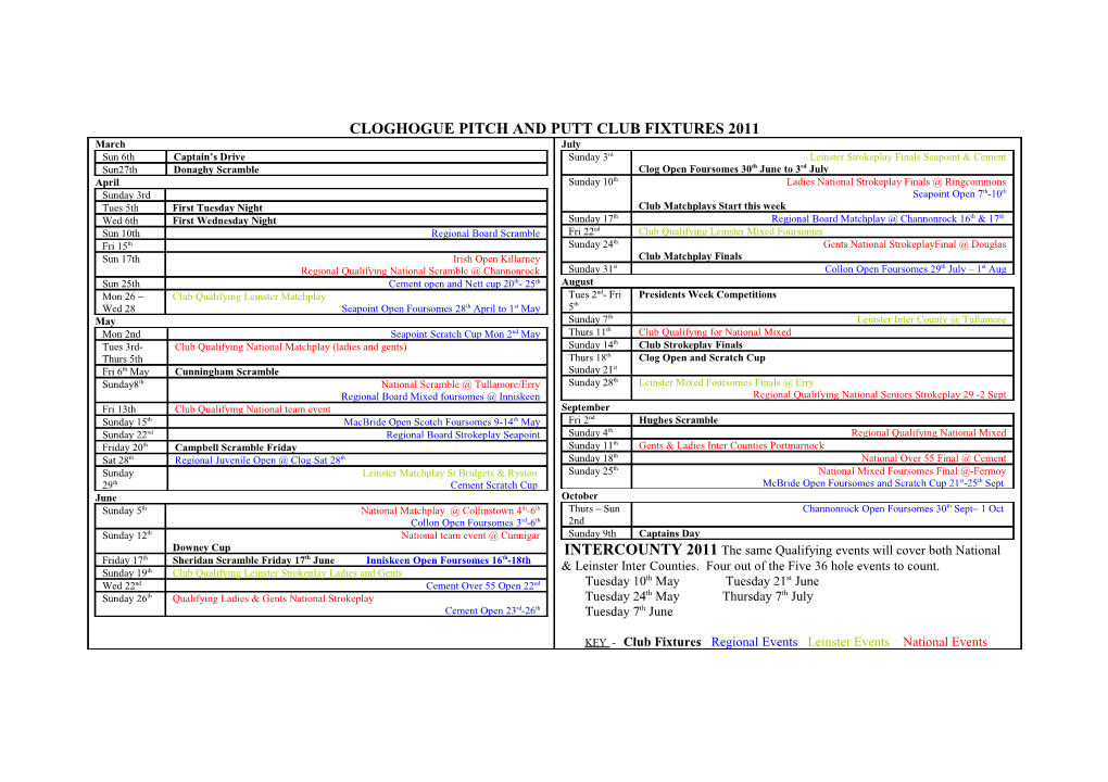 Cloghogue Pitch and Putt Club Fixtures 2011