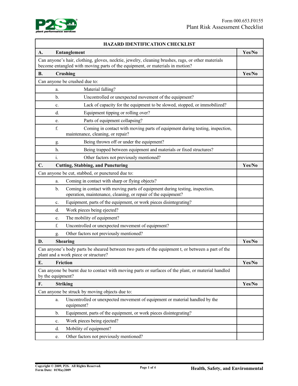 Plant Risk Assessment Checklist