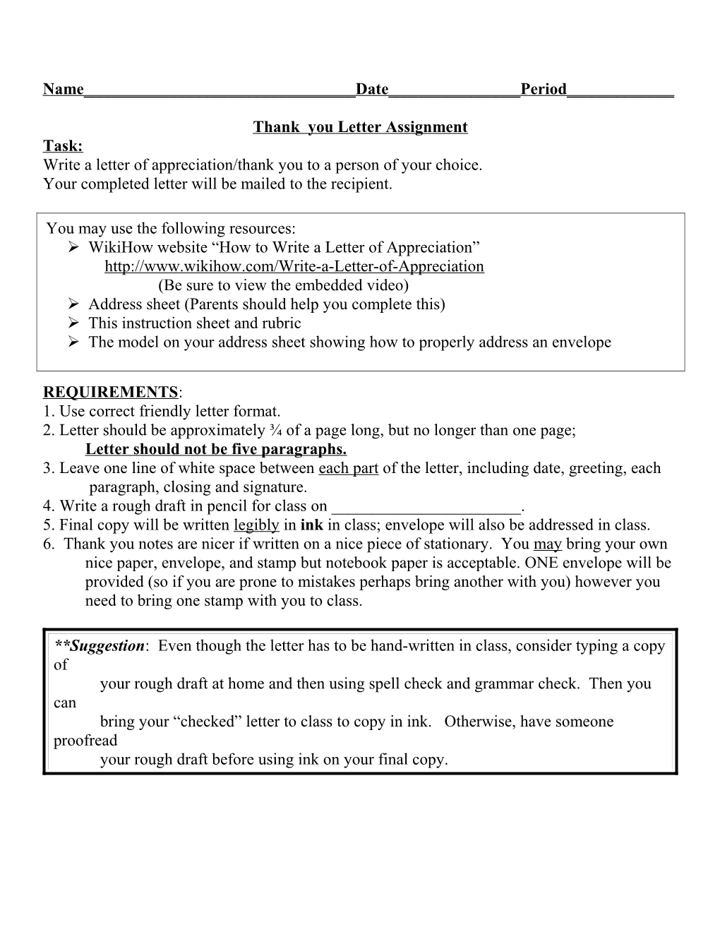Language Arts 8Th Grade Letter Of Appreciation/Thank You