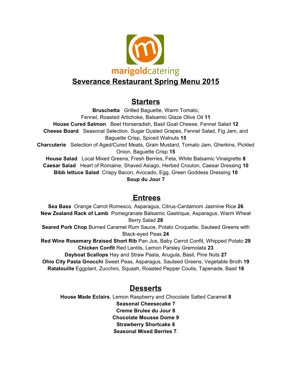 Severance Restaurant Spring Menu 2015