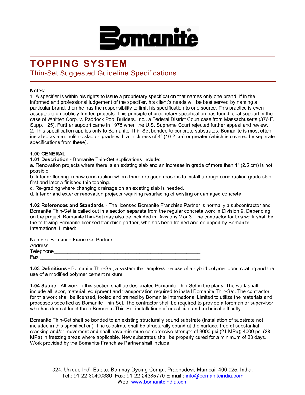 TOPPING SYSTEM Thin-Set Suggested Guideline Specifications
