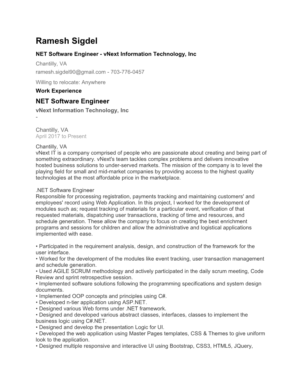 NET Software Engineer - Vnext Information Technology, Inc