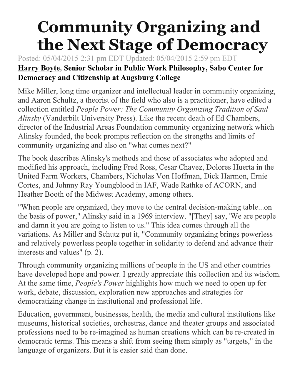 Community Organizing and the Next Stage of Democracy