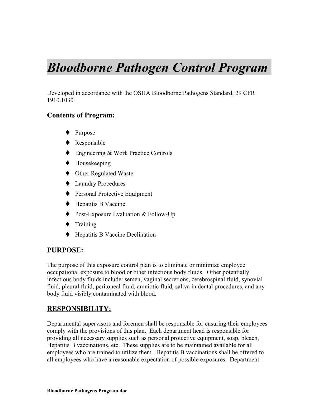 Bloodborne Pathogen Control Program
