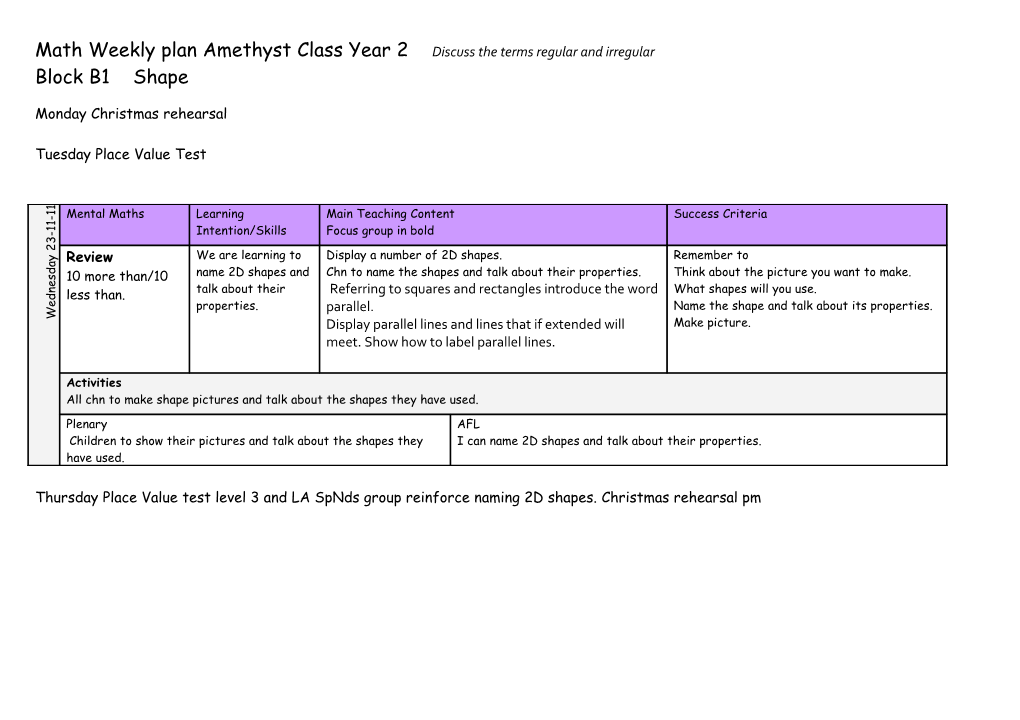 Math Weekly Plan Amethyst Class Year 2