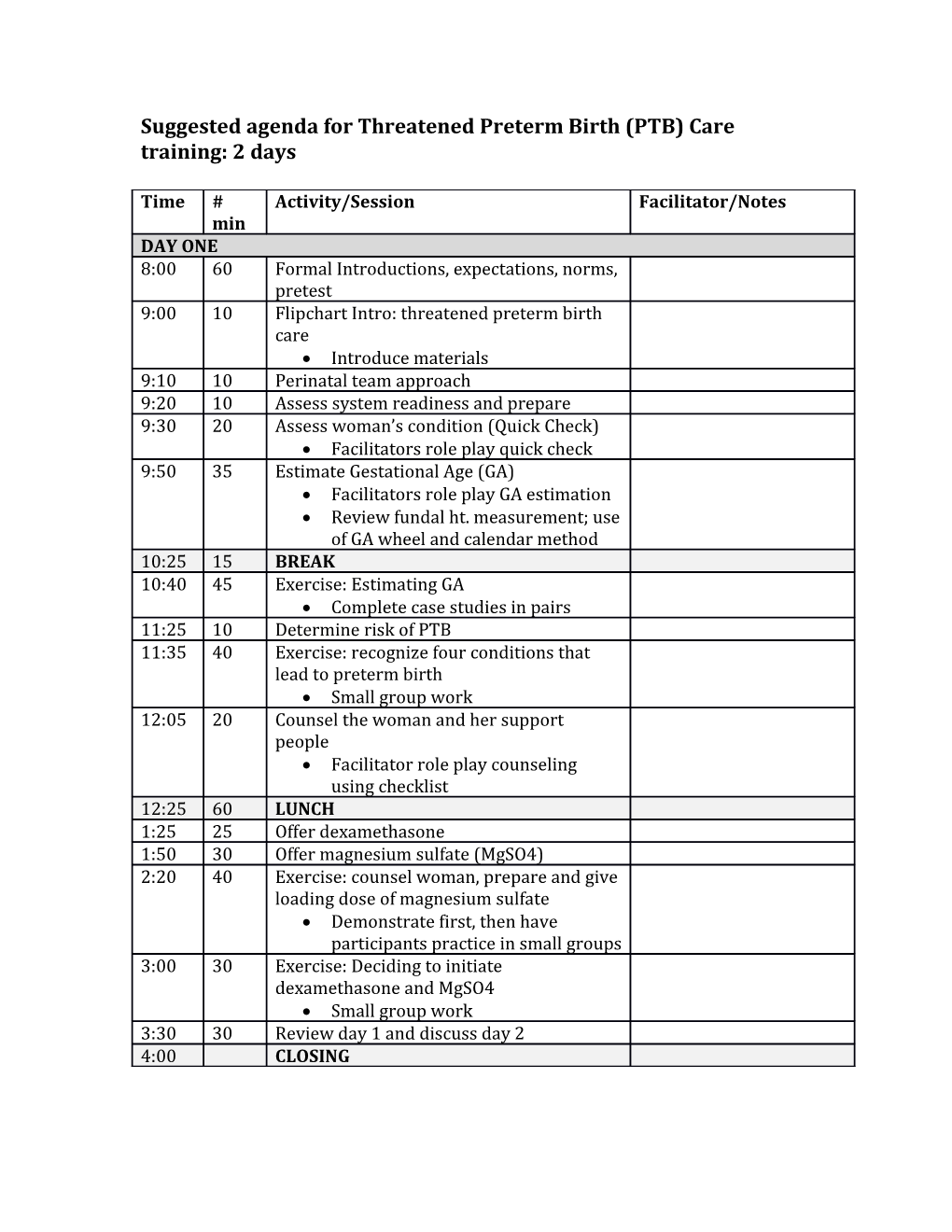 Suggested Agenda for Threatened Preterm Birth (PTB) Care Training: 2 Days