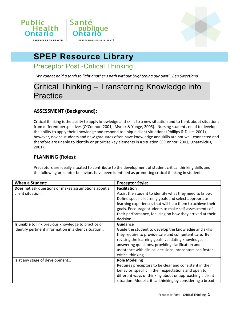SPEP Resource Library: Critical Thinking: Transfering Knowledge Into Practice