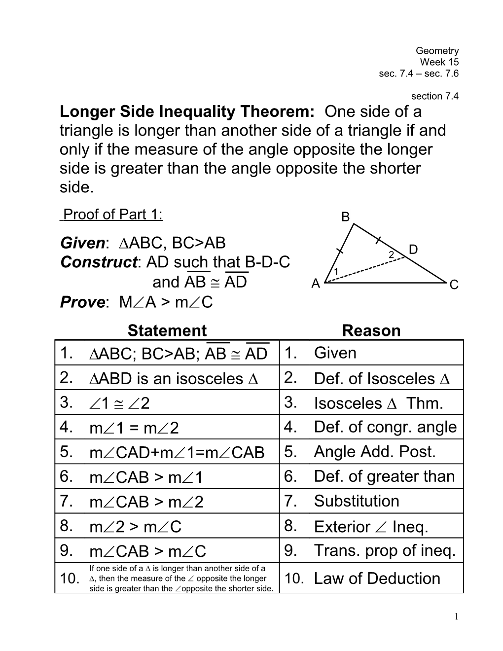 Longer Side Inequality Theorem: One Side of a Triangle Is Longer Than Another Side Of