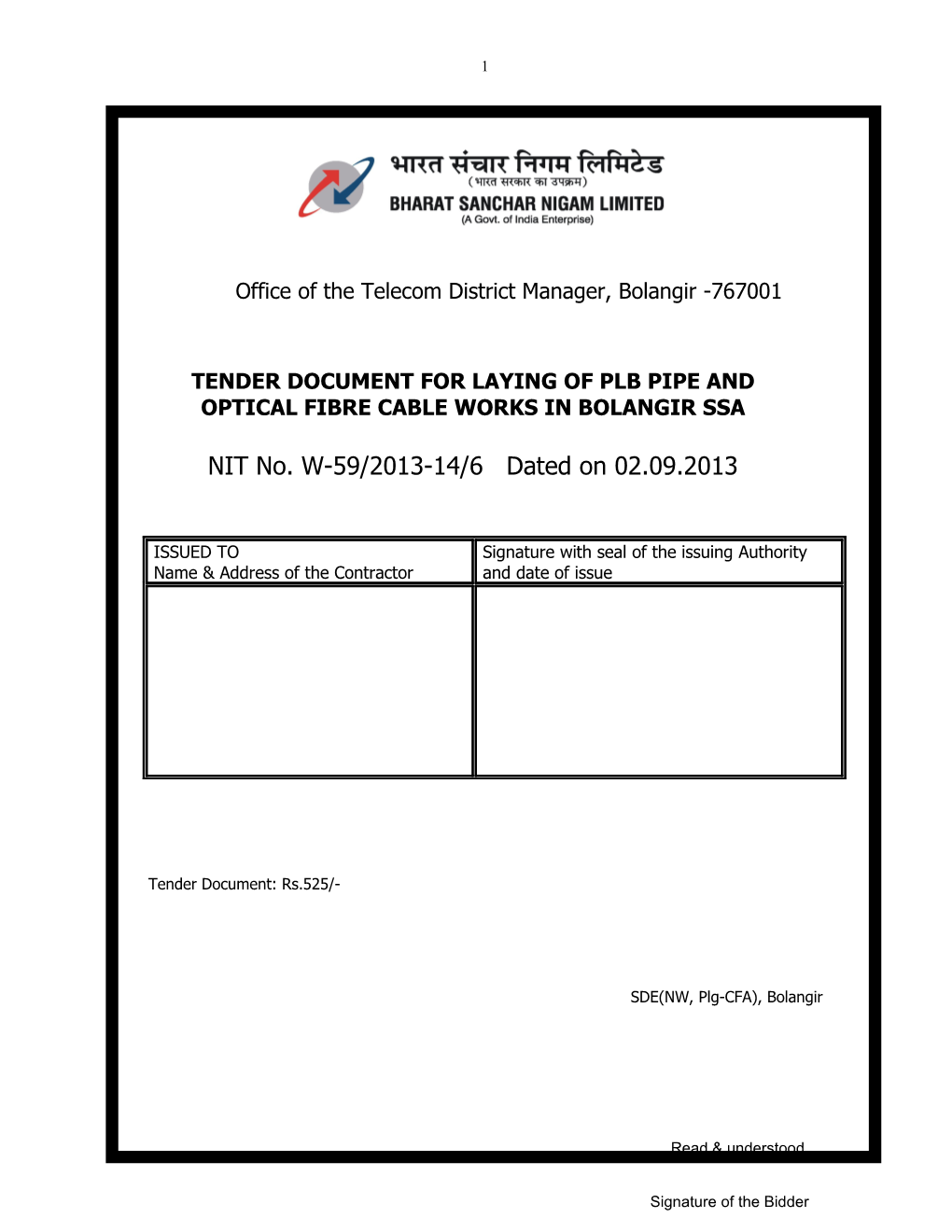 Tender Document for Laying of Plb Pipe And