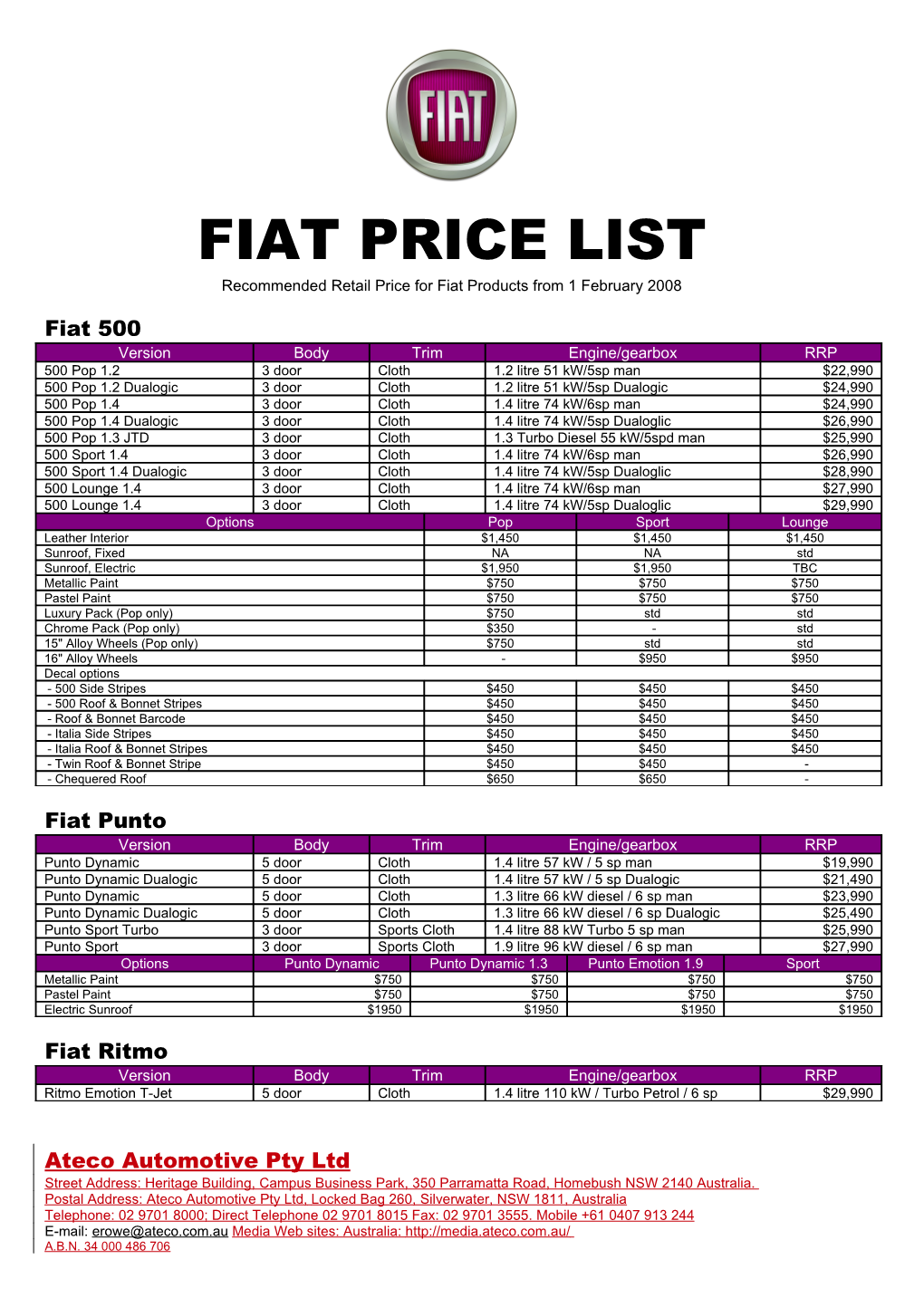 Recommended Retail Price for Fiat Products from 1 February 2008