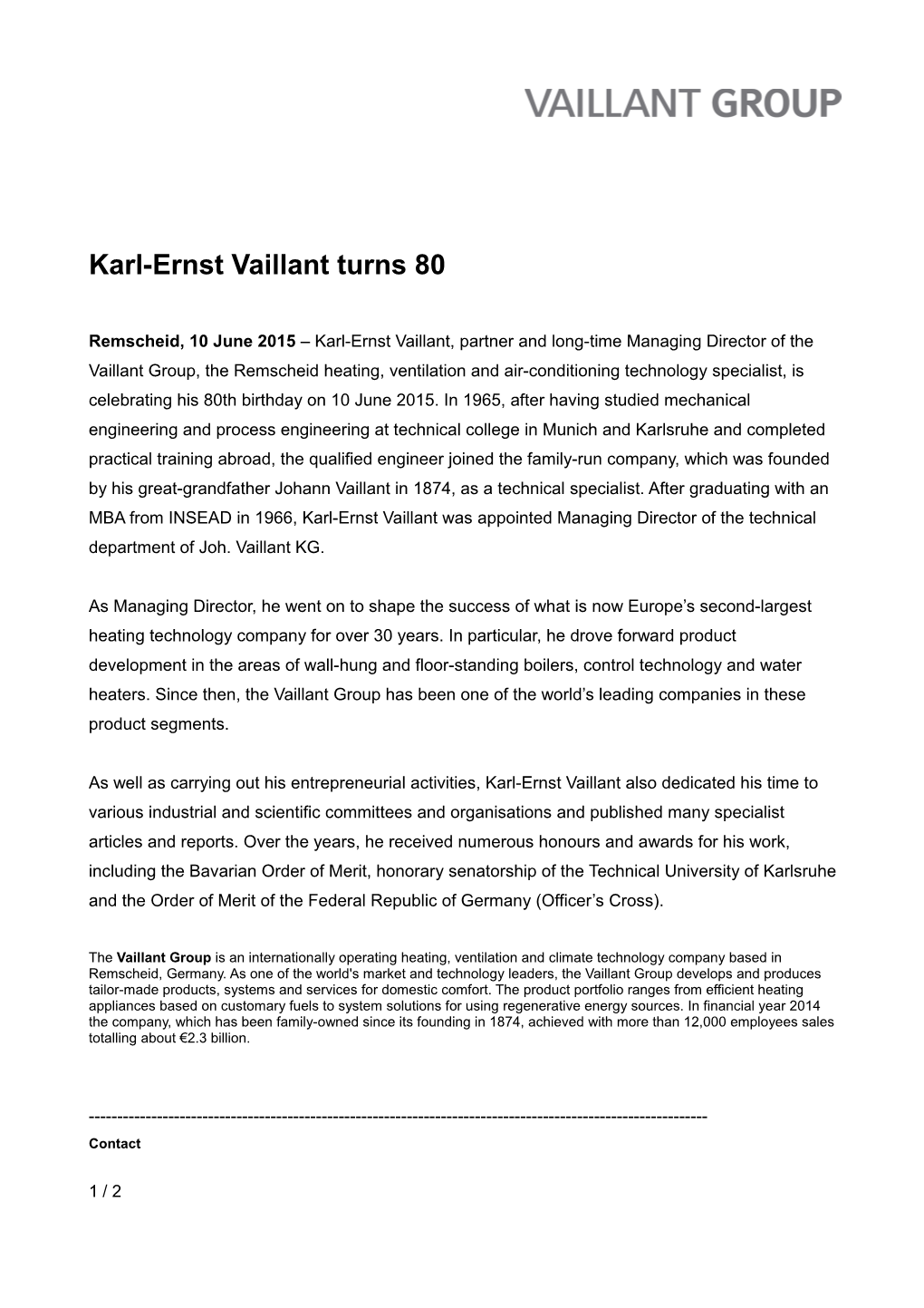 Vaillant Group Pressemitteilung Press Release