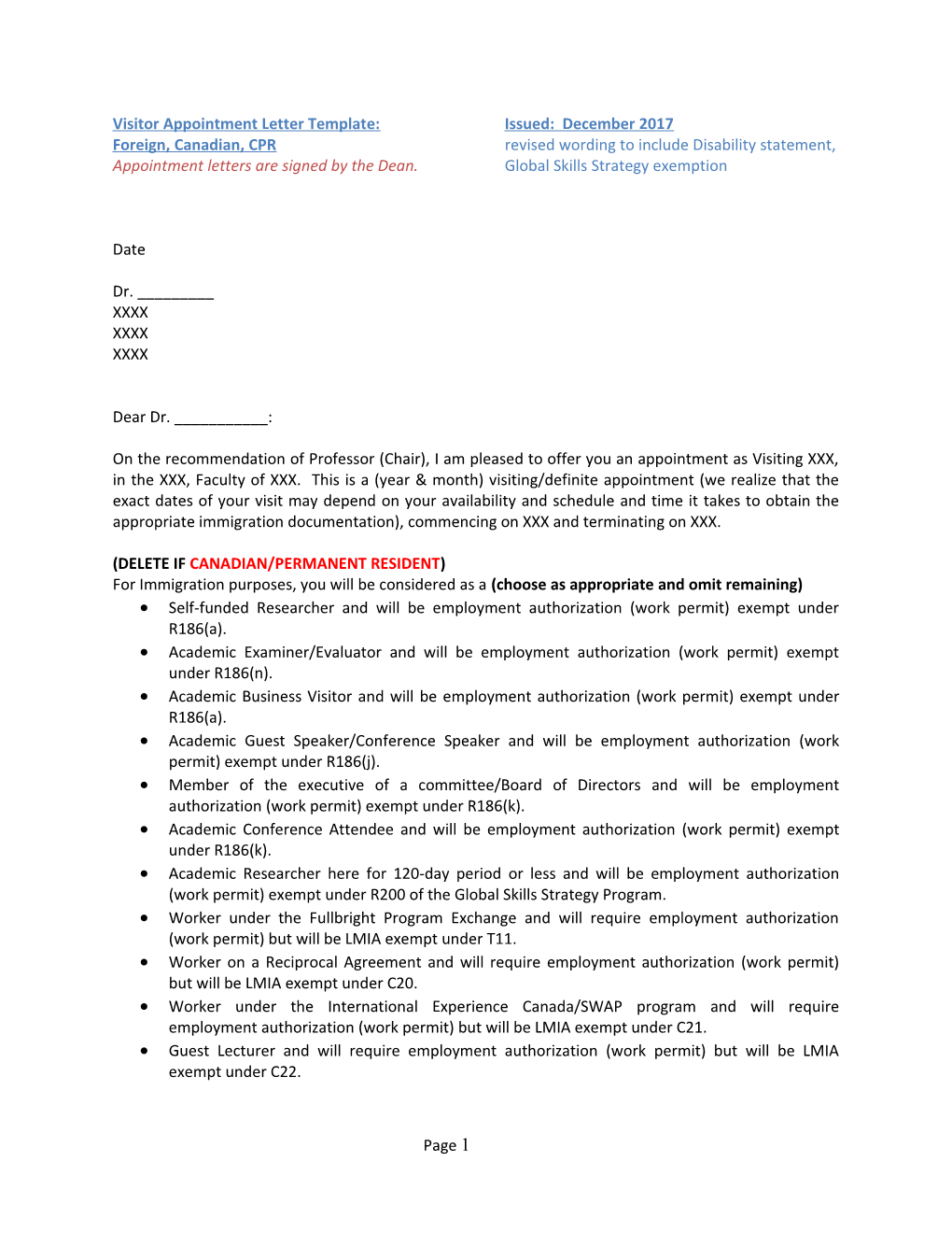 Visitor Appointment Letter Template: Issued: December 2017