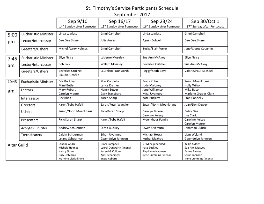 St. Timothy S Service Participants Schedule s1