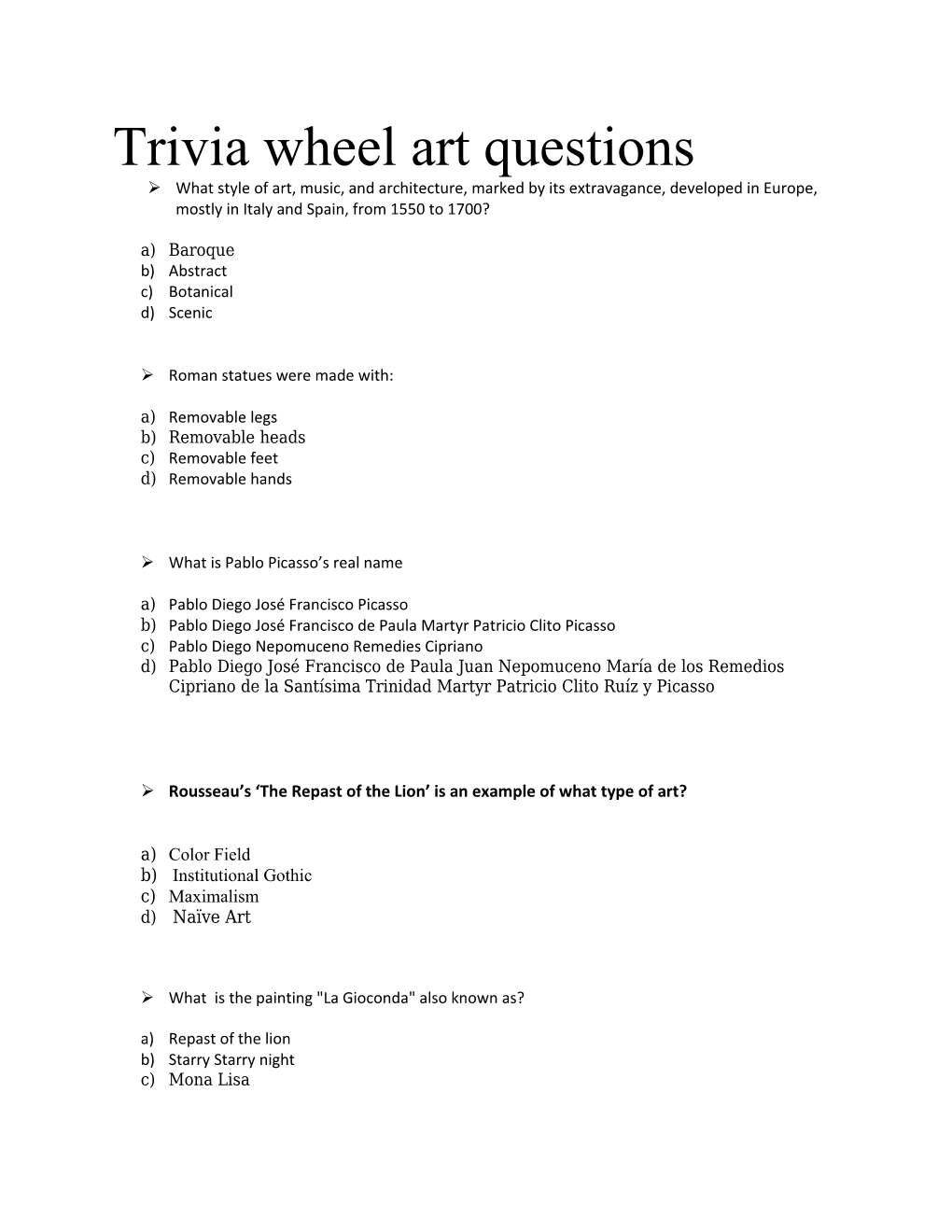 Trivia Wheel Art Questions