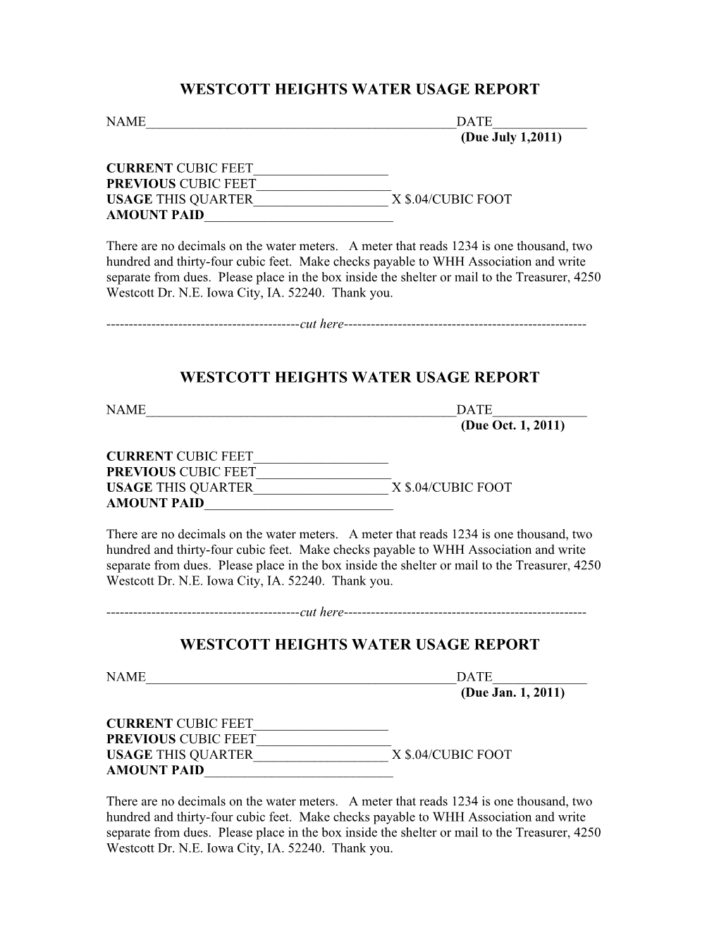 Westcott Heights Water Usage Report