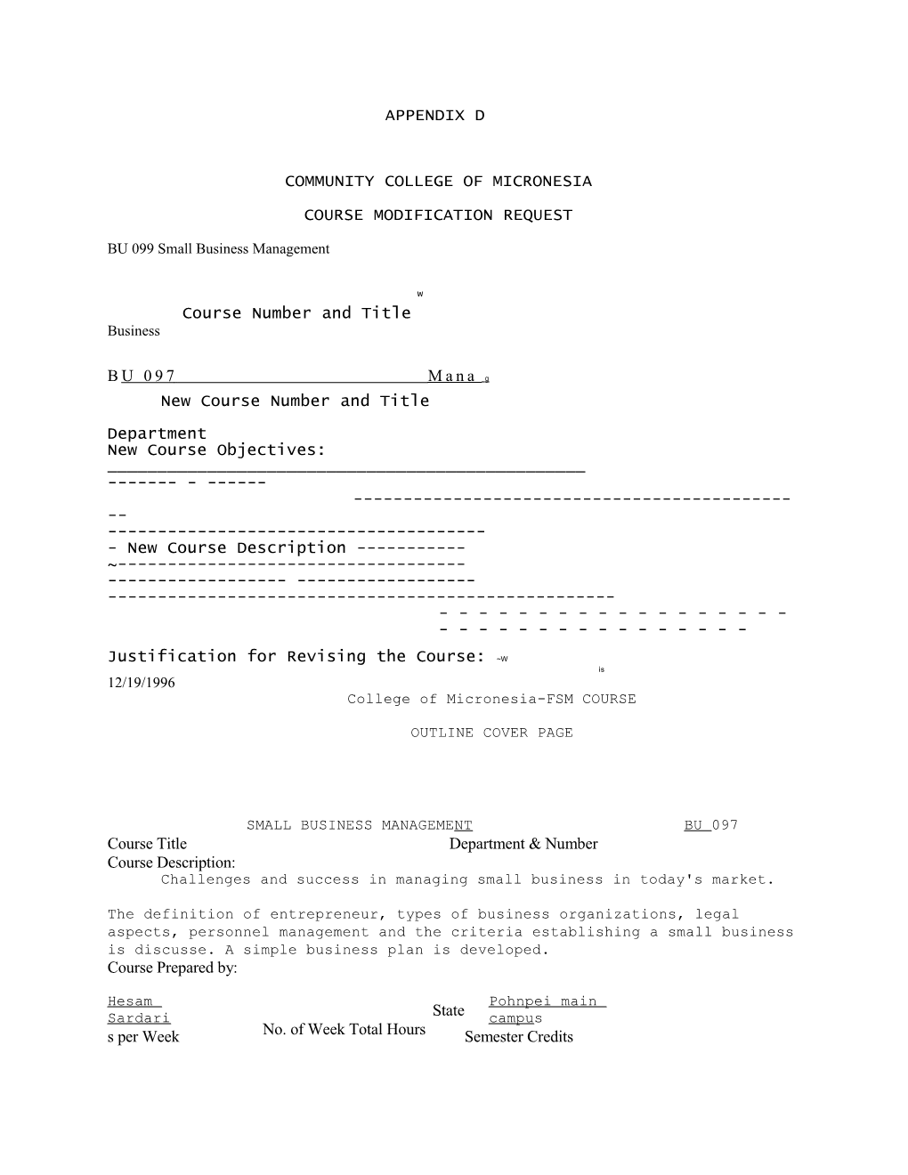 Community College of Micronesia Course Modification Request