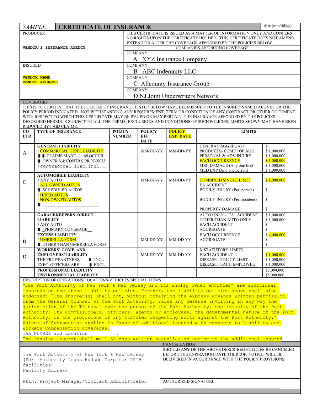 Certificate of Insurance