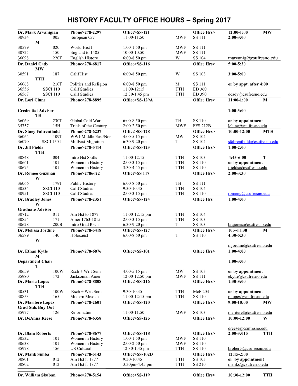 HISTORY FACULTY OFFICE HOURS Spring 2017