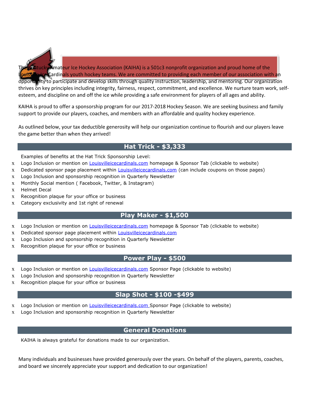 Louisville Ice Cardinals 2017- 2018 Sponsorship Program