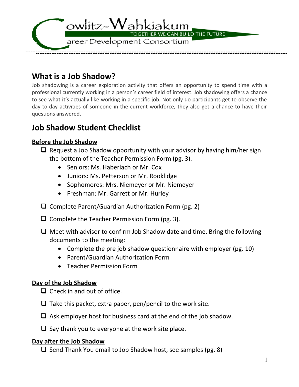 2014-2015 Wahkiakum High School Job Shadow Packet