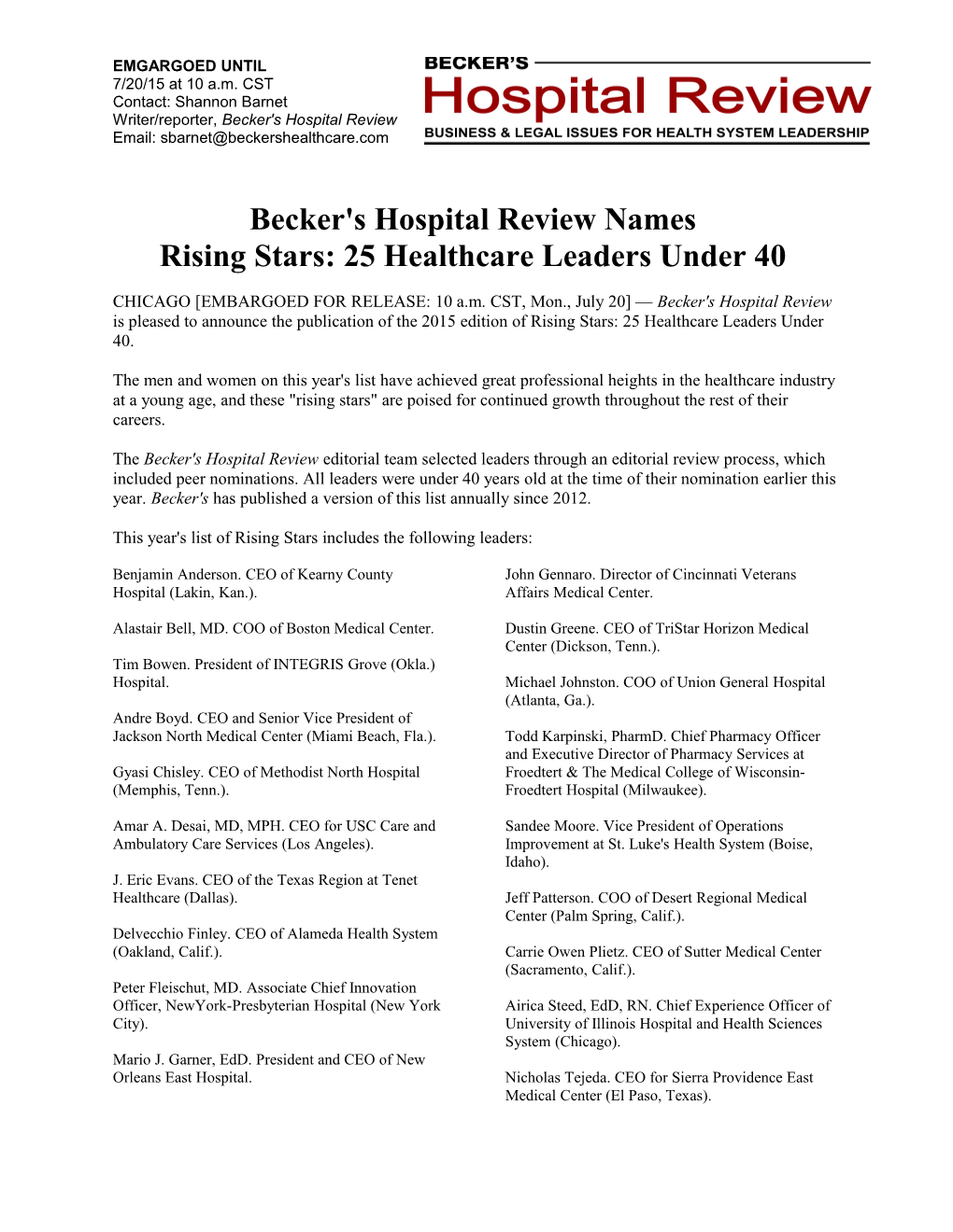 Becker's Hospital Review Names 70 Hospitals With Great Oncology Programs