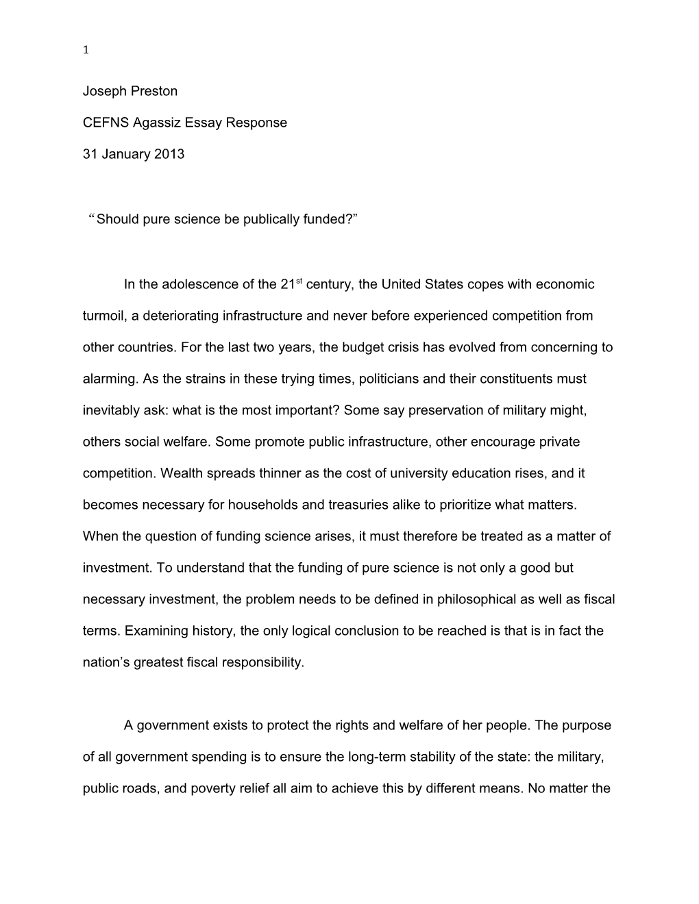 CEFNS Agassiz Essay Response