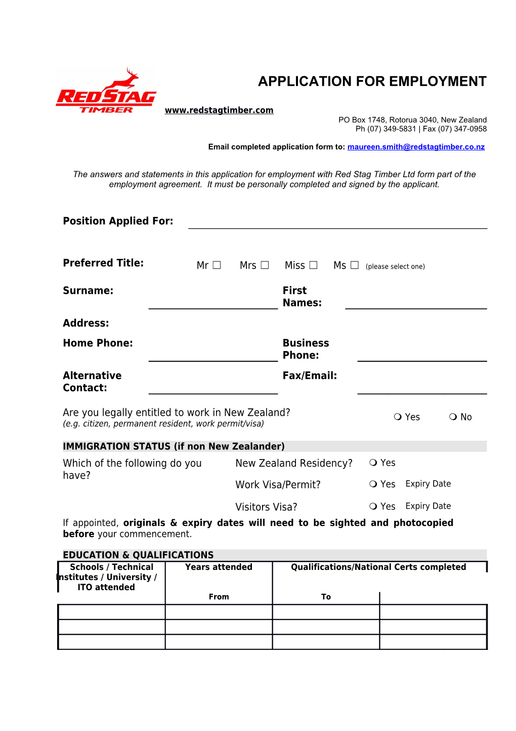 Email Completed Application Form To