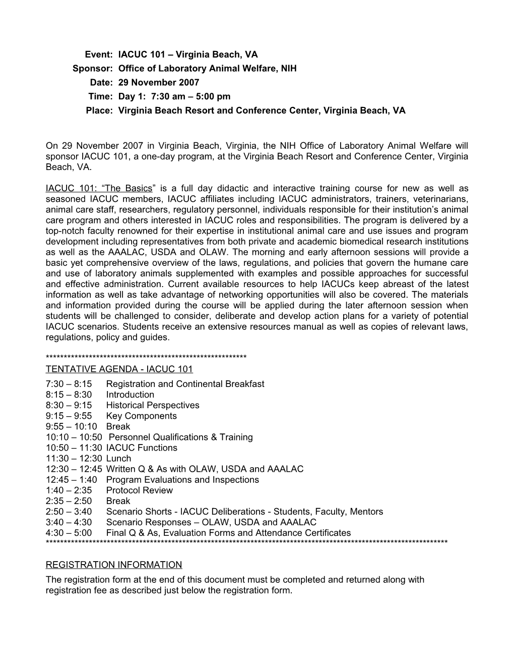 IACUC101 Virginia Beach Registration - 11/29/2007