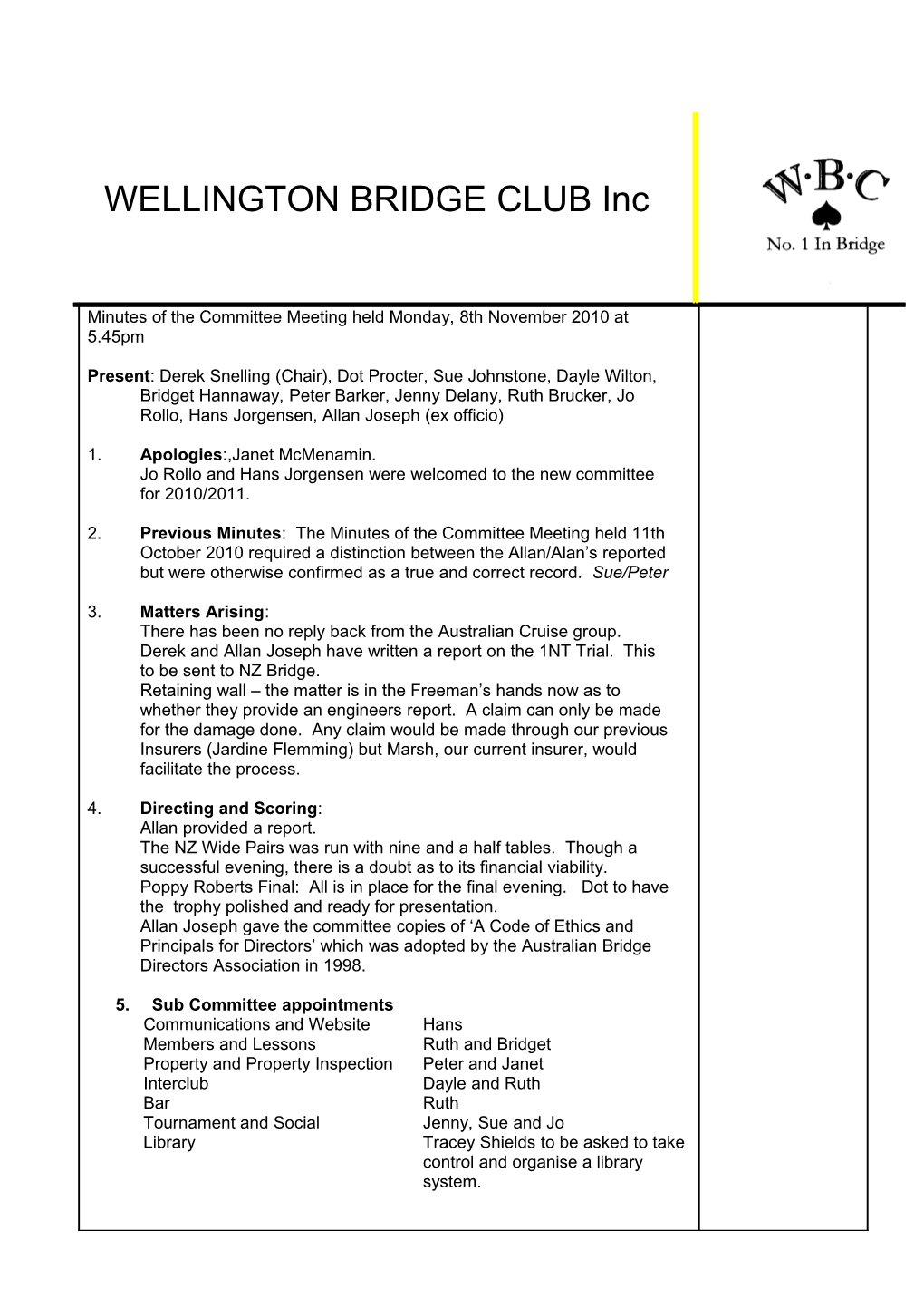 WELLINGTON BRIDGE CLUB Inc