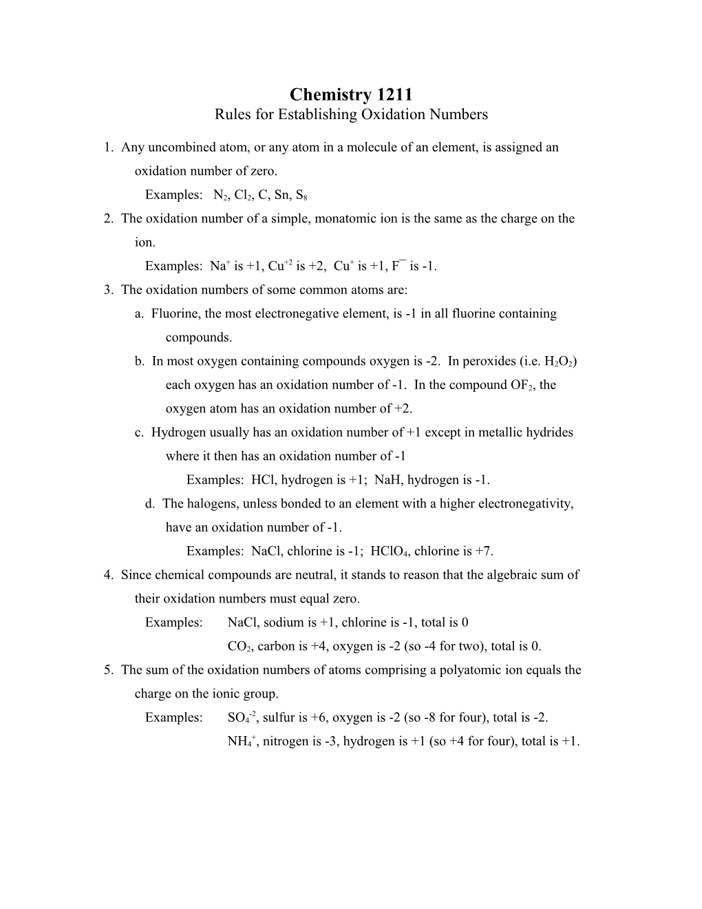 Rules for Establishing Oxidation Numbers