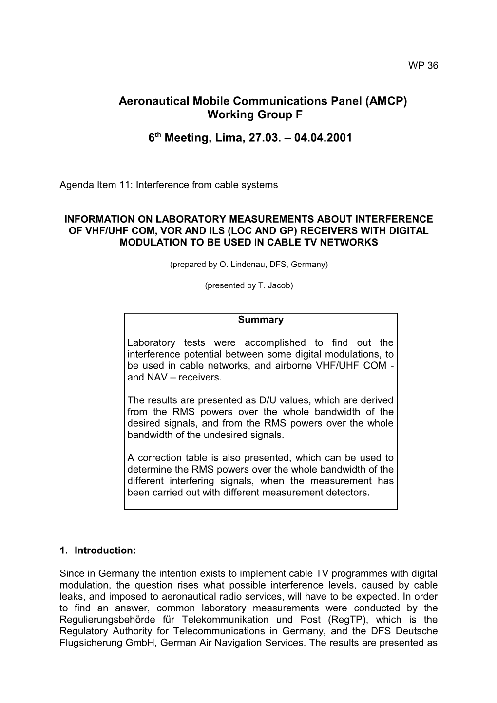 Information on Laboratory Measurements About Interference of VHF/UHF COM, VOR and ILS (Localizer