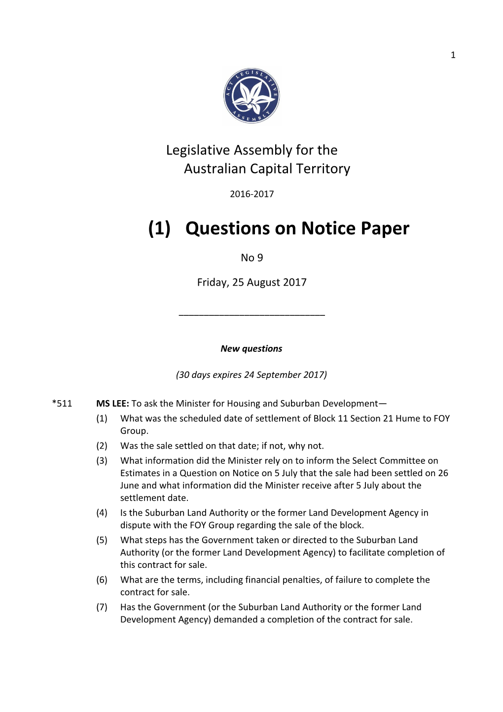 Questions on Notice Paper No 9 Friday 25 August 2017