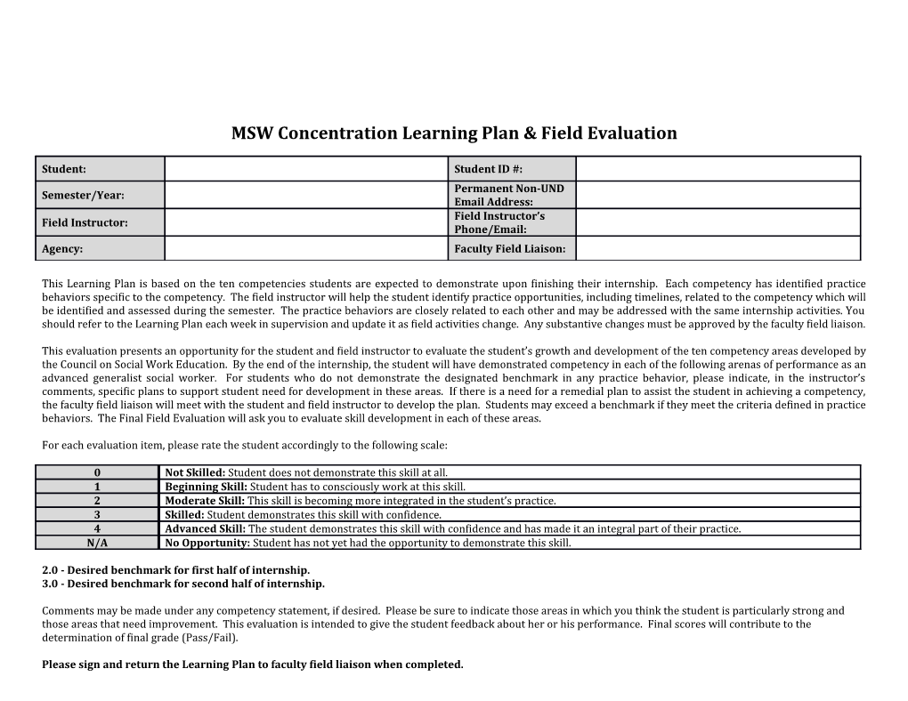 Learning Plan & Field Evaluation