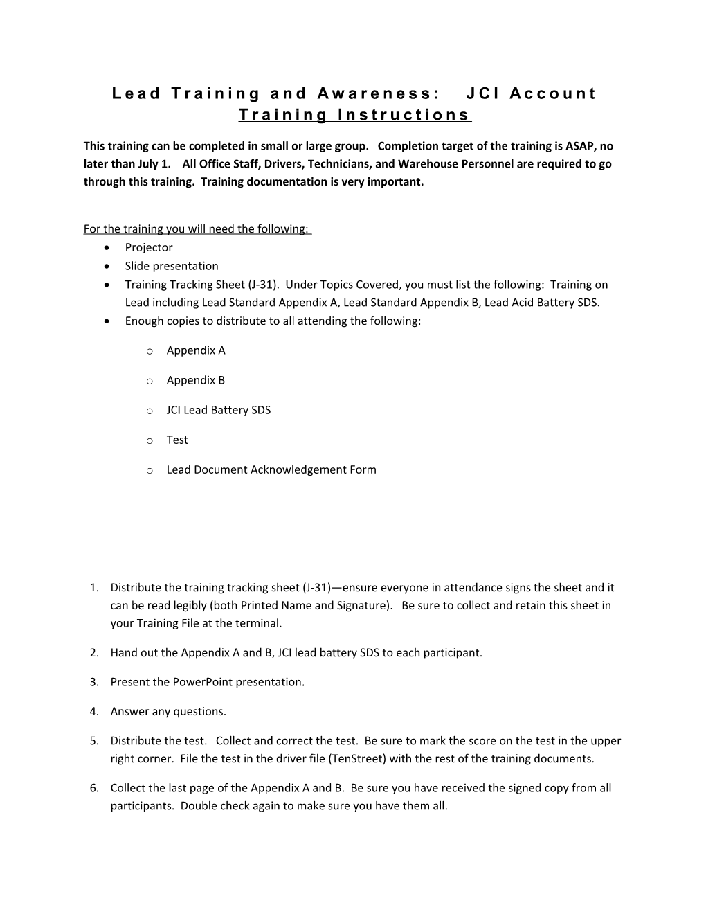 Lead Training and Awareness: JCI Account Training Instructions
