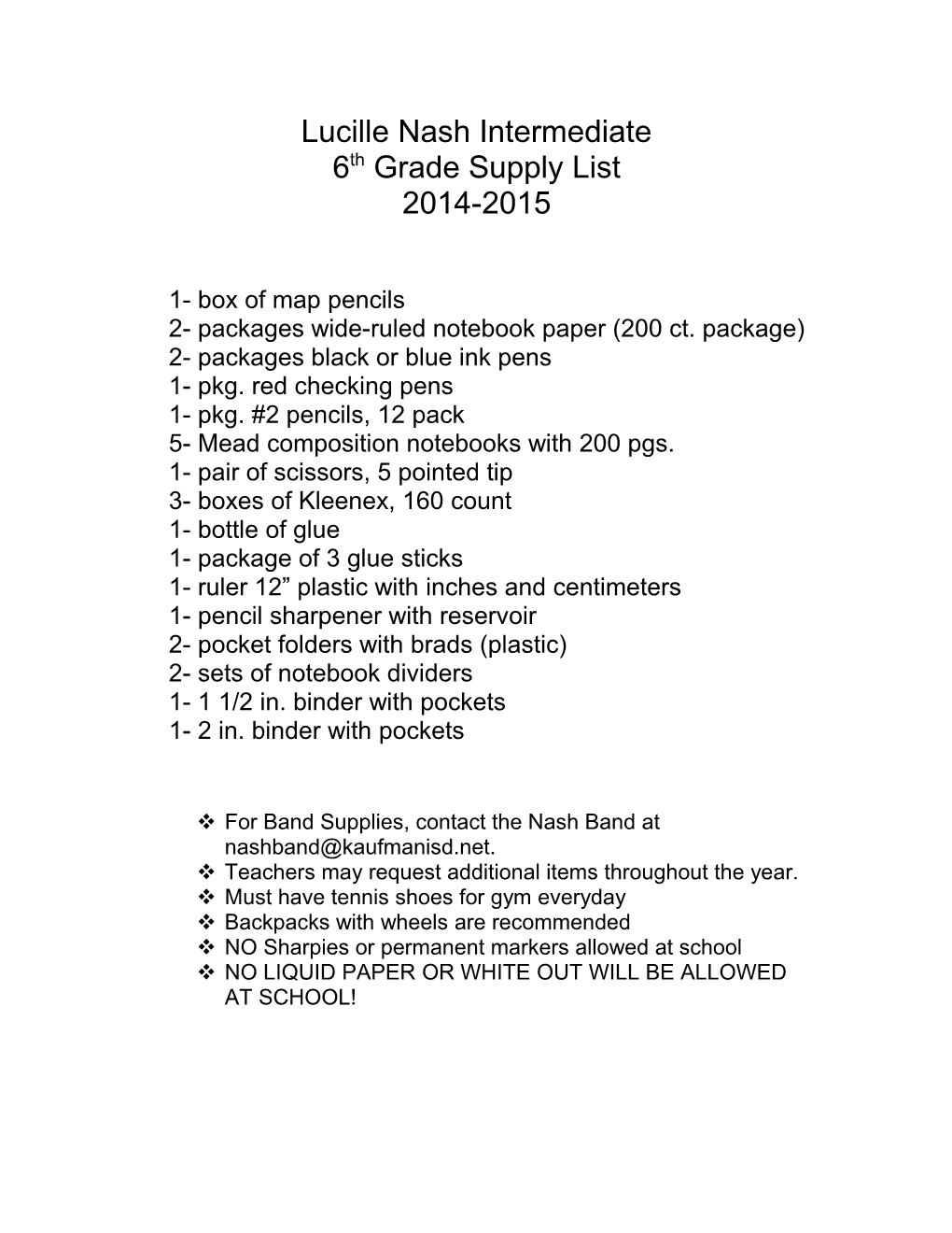 6Th Grade Supply List