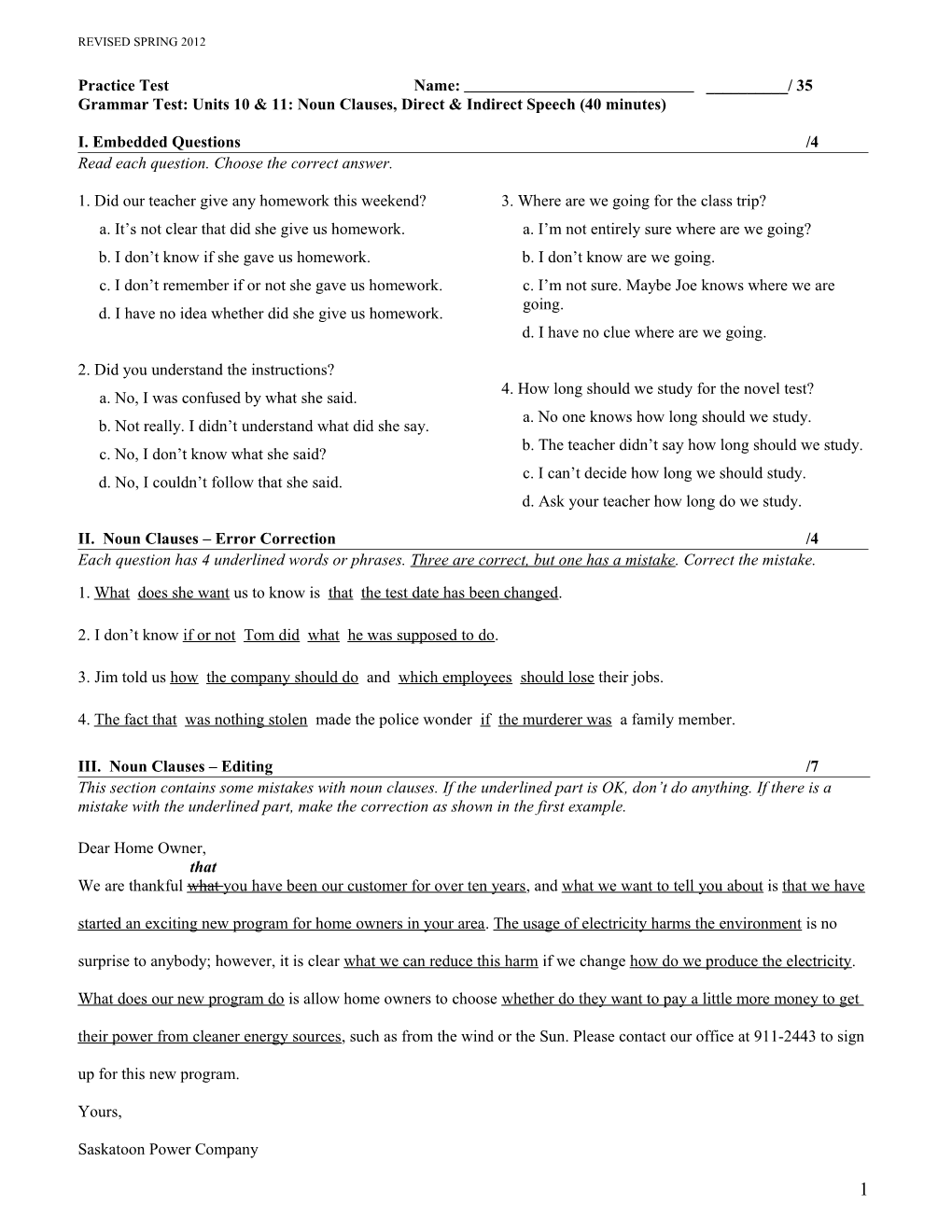 Grammar Test: Units 11 and 12: Adjective Clauses, Adjective Clauses with Prepositions