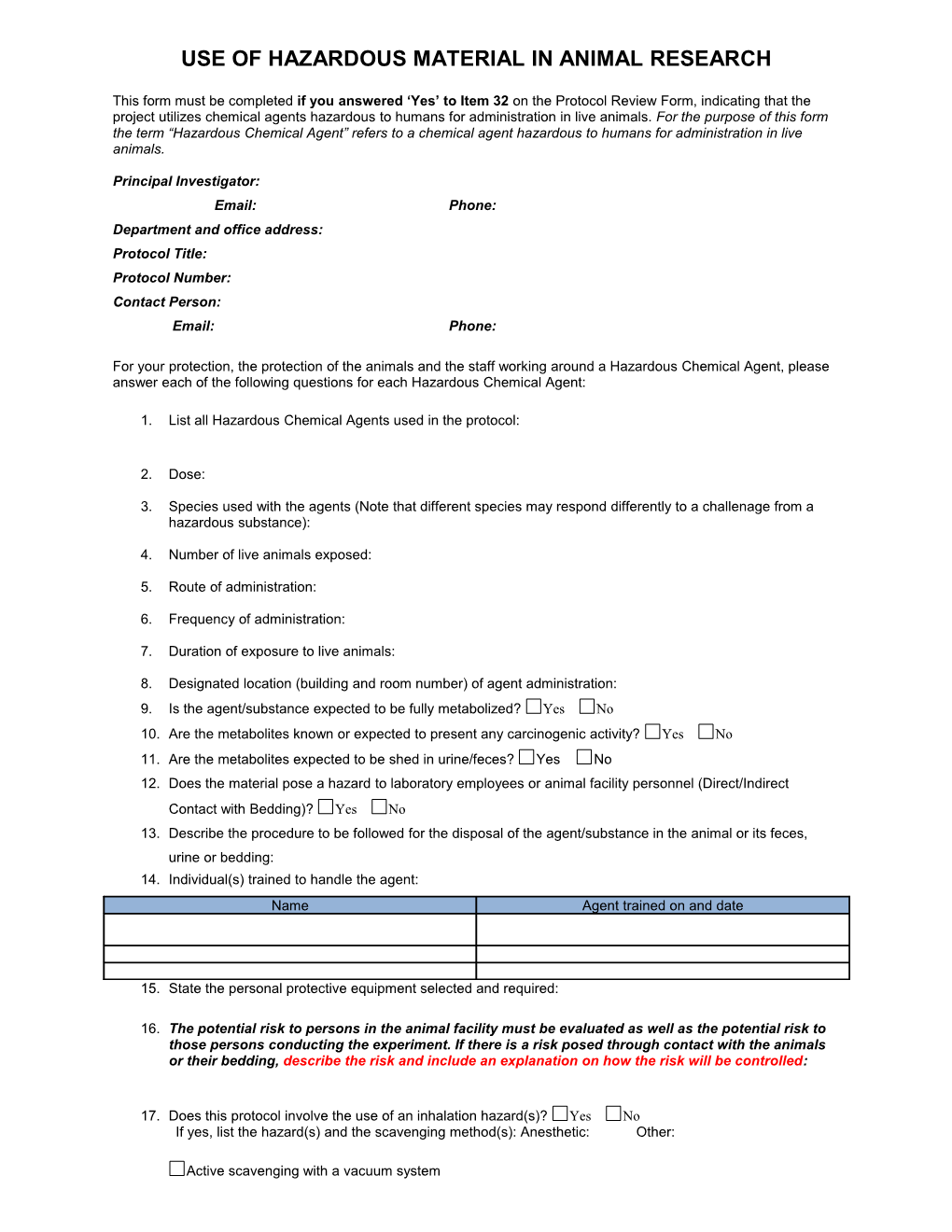 Use of Hazardous Material in Animal Research