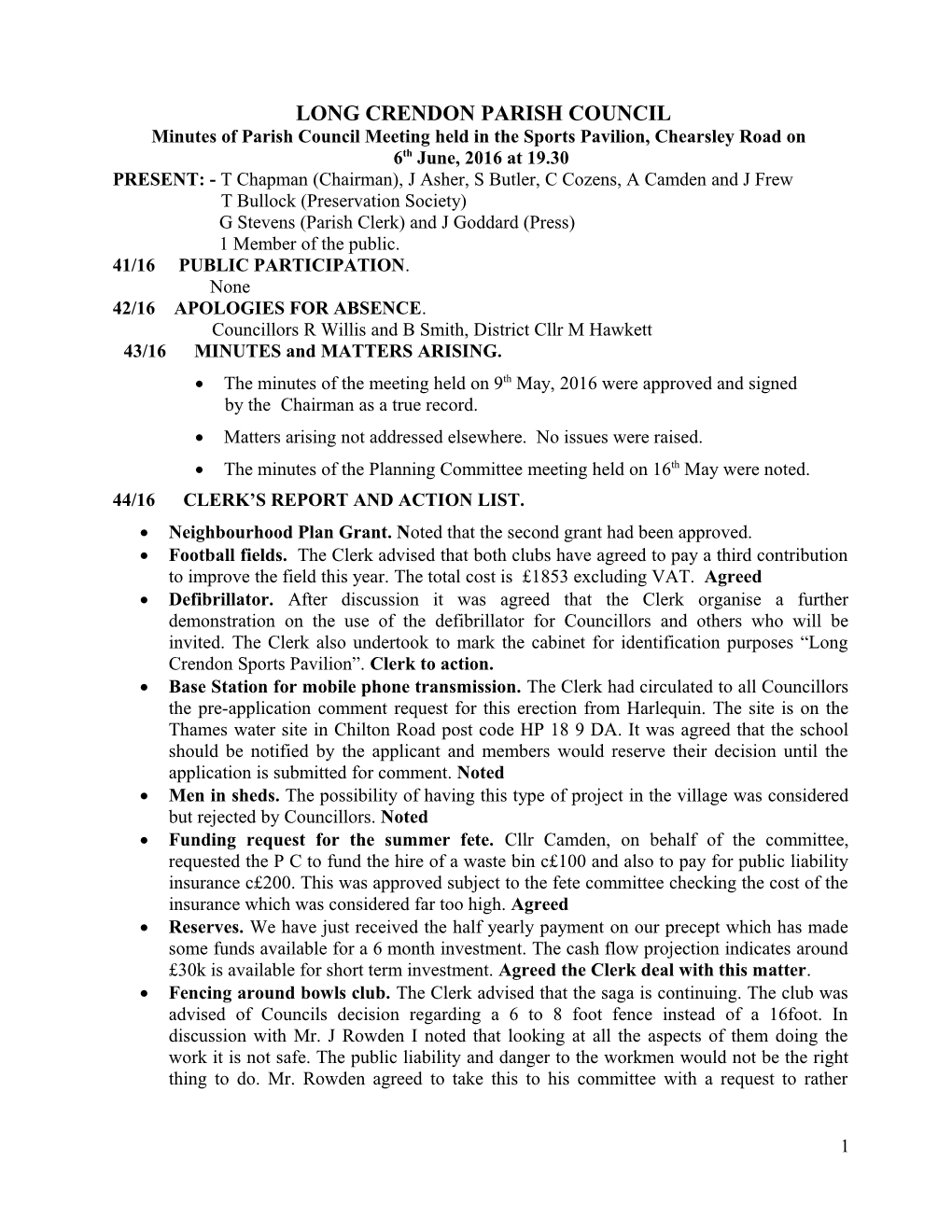 Minutes of Parish Council Meeting Held in the Sports Pavilion, Chearsley Road On s1