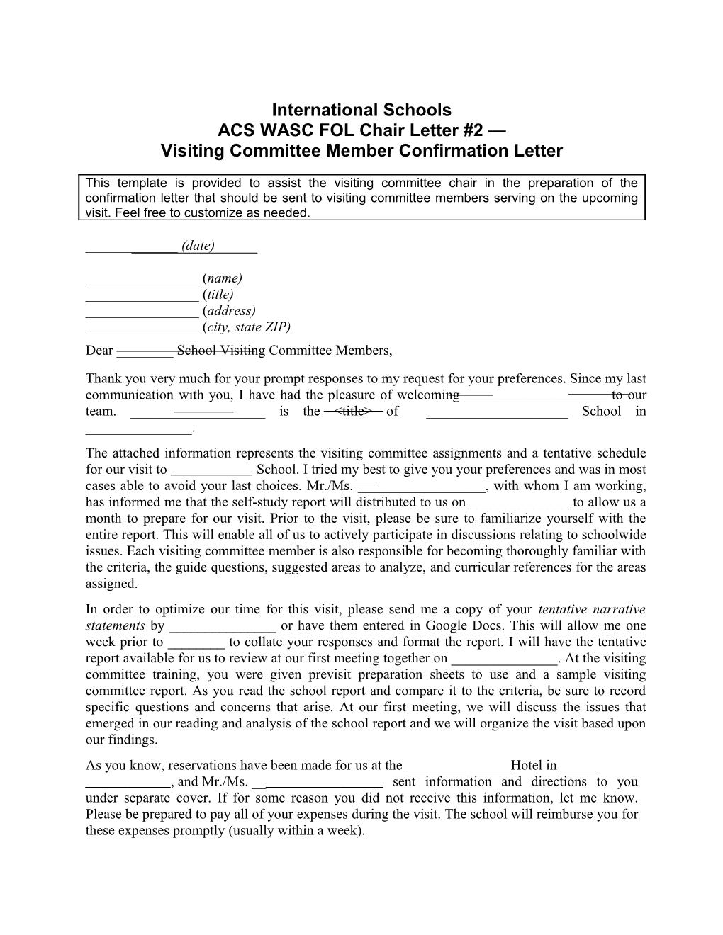 Internationalschools ACS WASC Folchair Letter #2 Visiting Committee Member Confirmation Letter